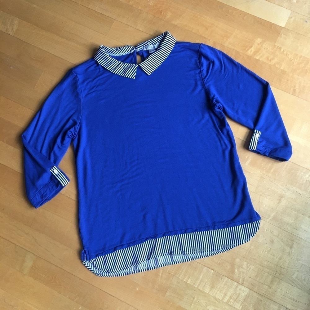 By Design Three Quarter Sleeve Top, Striped Collar, Hem, Royal Blue, Size XL